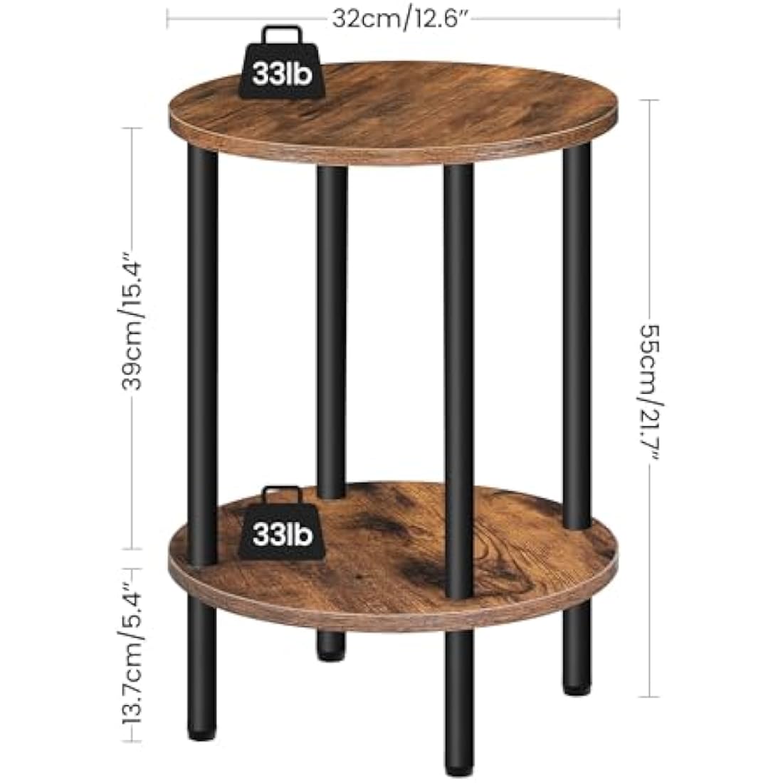 CHOEZON Round Side Table, 2-Tier End Table, Small Round Nightstand with Sturdy Metal Tube, Industrial Coffee Table, for Living Room, Bedroom, Rustic Brown and Black DTBZ01BF