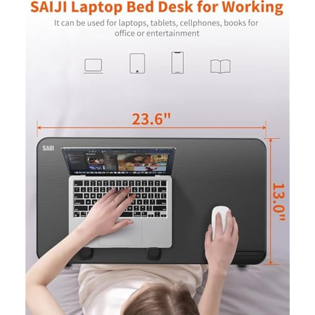 Desk, Table, SAIJI Adjustable Laptop Stand, Breafast Tray, 5 Heights, 4 angles, Stable folding Table for Bed Sofa Desk, Fit up to 17'' Laptop (60 * 33cm Black)