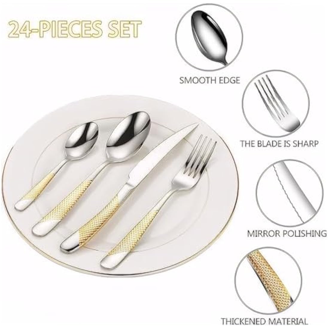 Gilded Silverware Set, 24 Piece Cutlery Set with Holder, Service for 6, Mirror Polished Tableware Set for Home Kitchen (Gold Silvery)