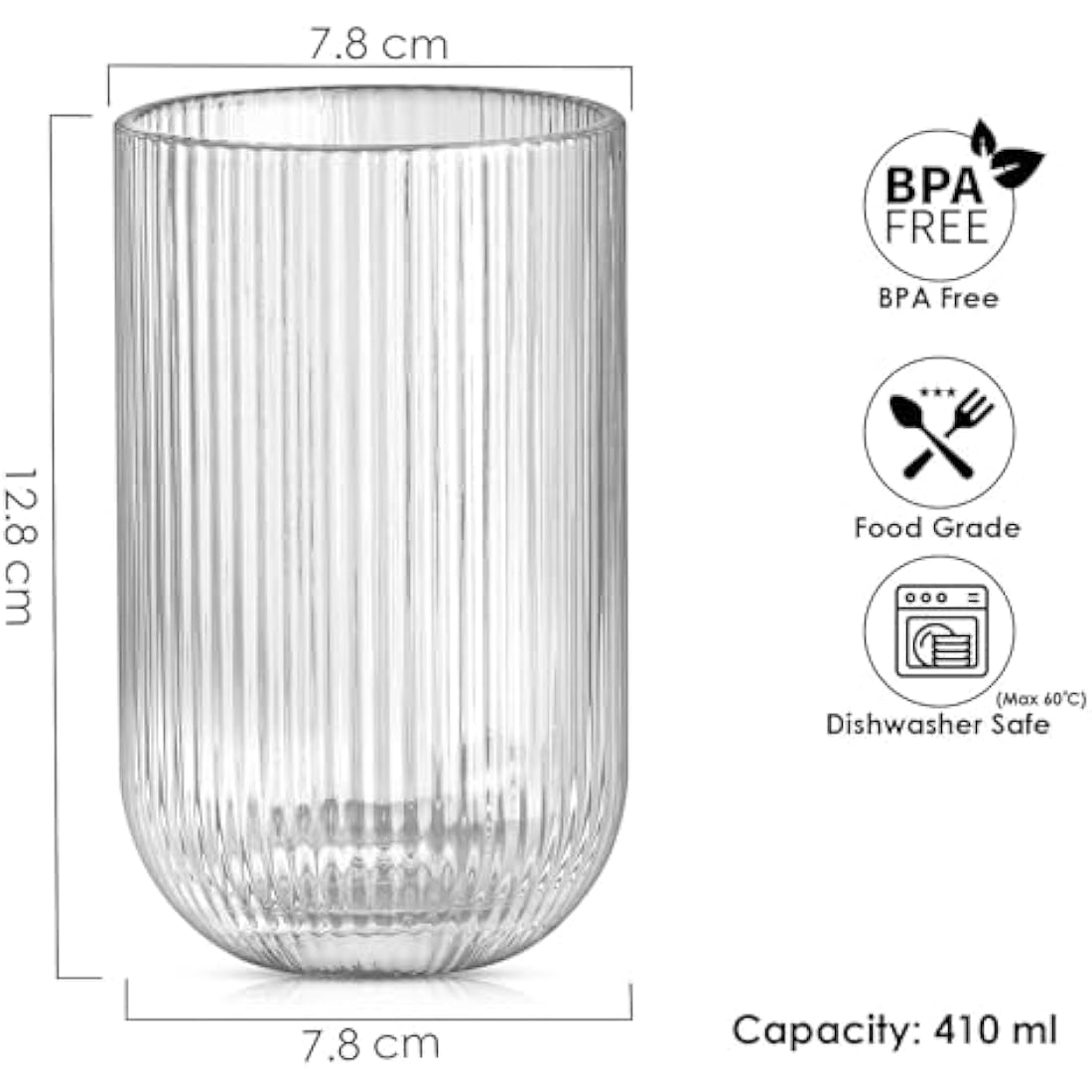 TKNO 6X 410ml Ribbed Highball Glasses Tall Hi Ball Glass Water Gin Juice Cocktail Drinking Glassware Origami Style Fluted Ripple Beverage Tumblers Set, Ideal for Home, Restaurant, Events & Parties