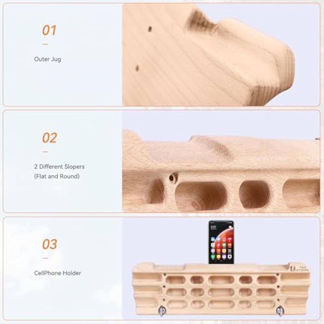 TWO STONES Hangboard Rock Climbing Hangboard with Phone Holder, Band Holder, Jugs, Pinches, Pockets, Edges and Slopes; Wood Hang Board for Climbing
