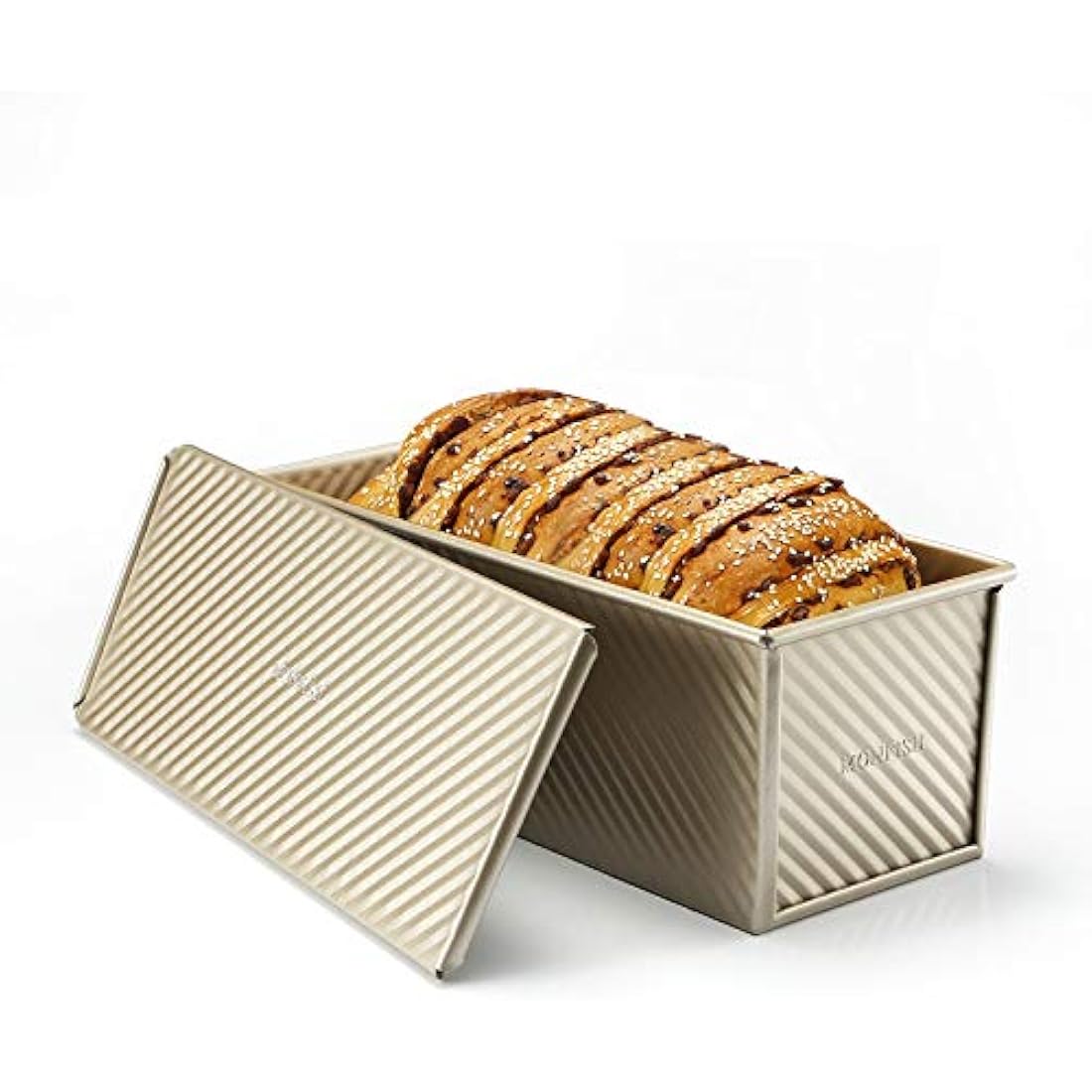 Monfish Pullman loaf pan Bread loaf tin w slidable lid allumiumed Steel 1000g Dough champgne Gold Non-Stick 34 x13.5X 12cm