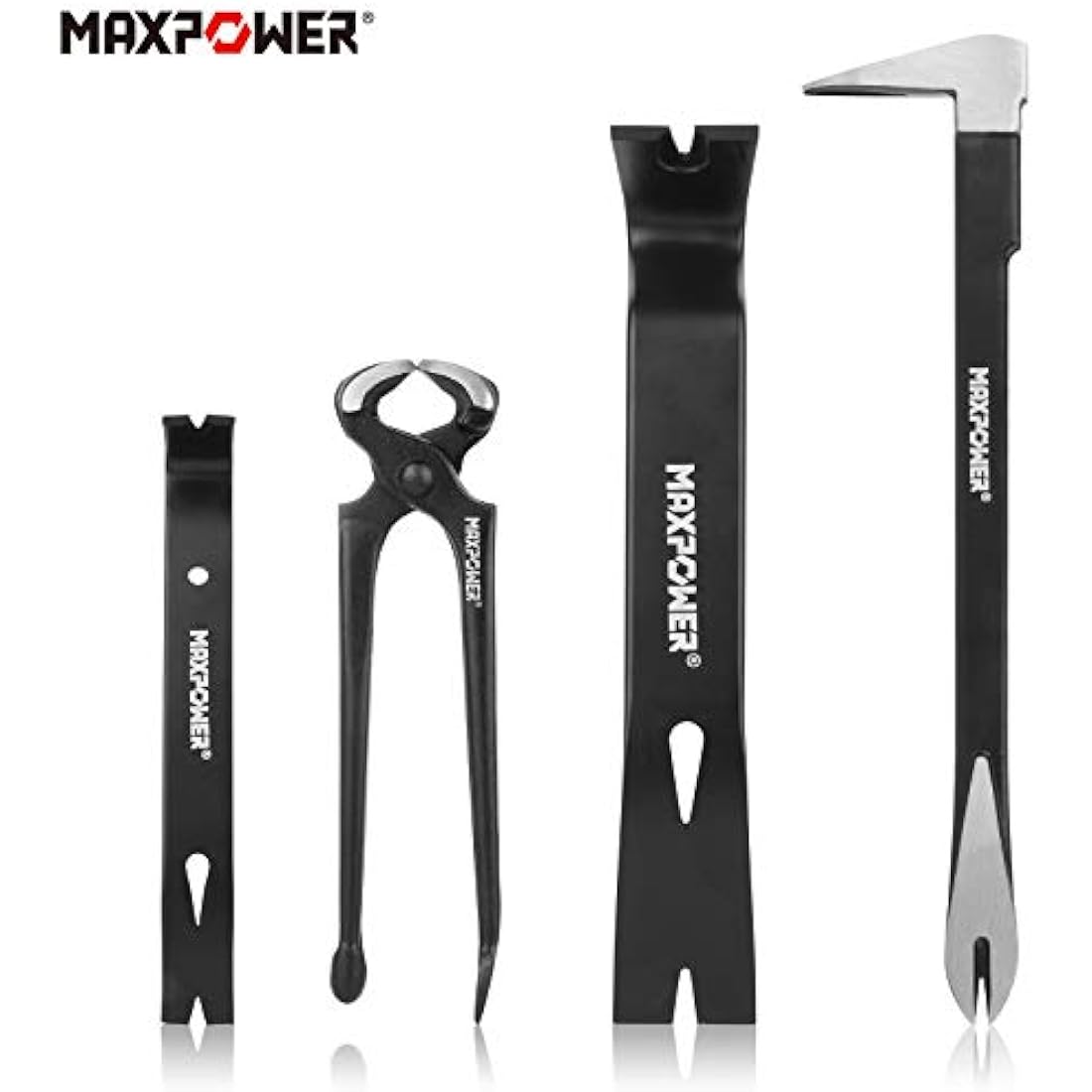 MAXPOWER Pry Bar/Nail Puller Set 4-Piece, 300mm Crowbar Claw Nail Puller, 260mm Wonder Pry Bar Wrecking Bar, 190mm Mini Utility Bar and 250mm Carpenters Pincer