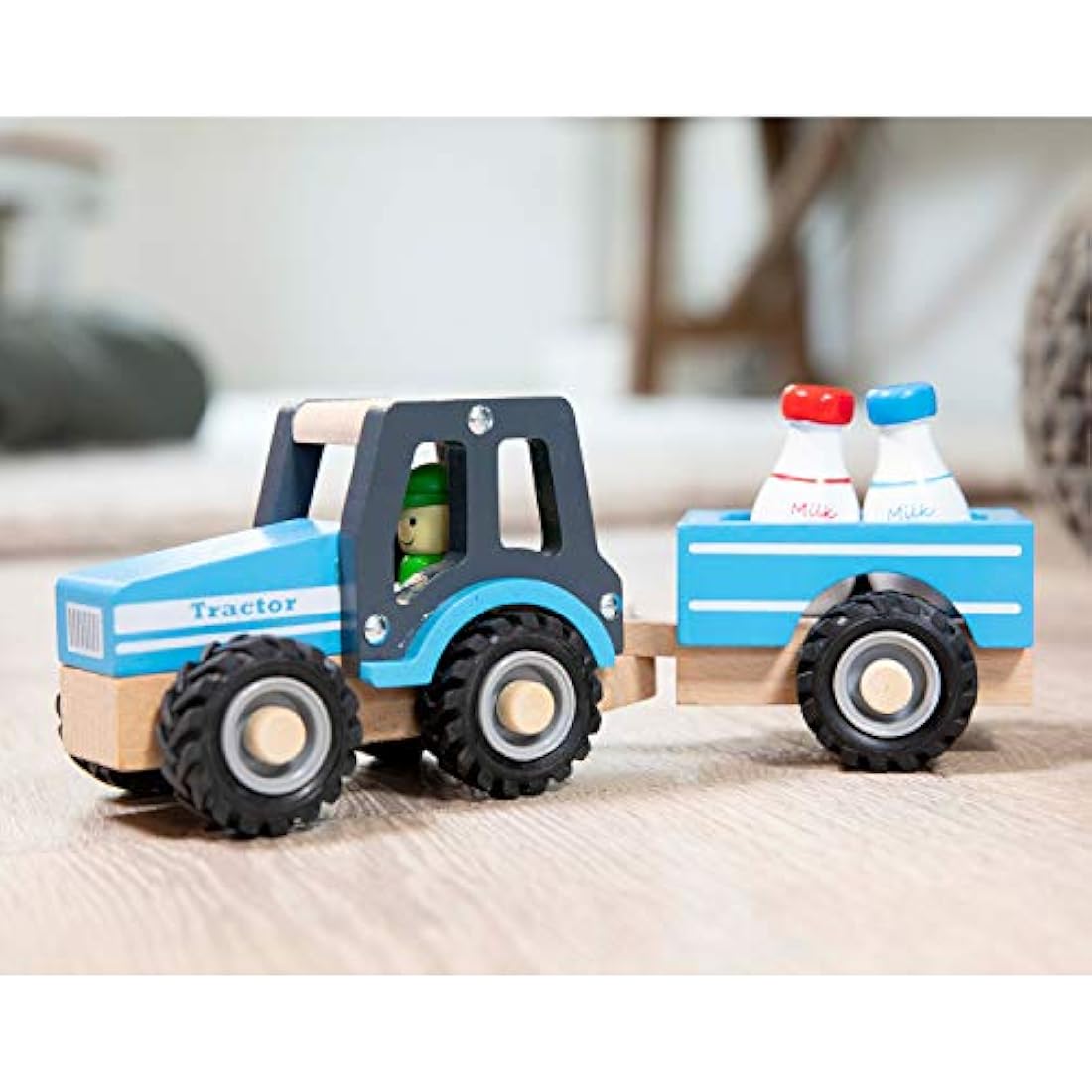 New Classic Toys 11942 Wooden Tractor with Trailer and Milk Bottles for Children 18 Months and Up Boys and Girls Baby Gifts, Blue