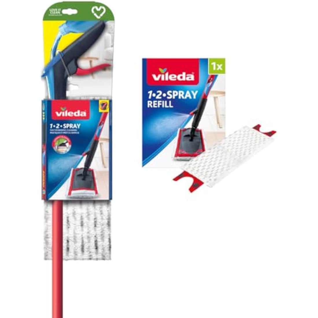 Vileda 1-2 Spray Mop, Microfibre Flat Floor Spray Mop with Extra Head Replacement, Set of 1x Mop and 1x Refill
