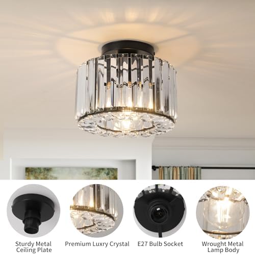 ZYDTRIP Crystal Ceiling Light Fixture Large Crystal Semi Flush Mount Ceiling Lamp Modern Black Crystal Chandelier for Living Room Hallway Dining Room Kitchen