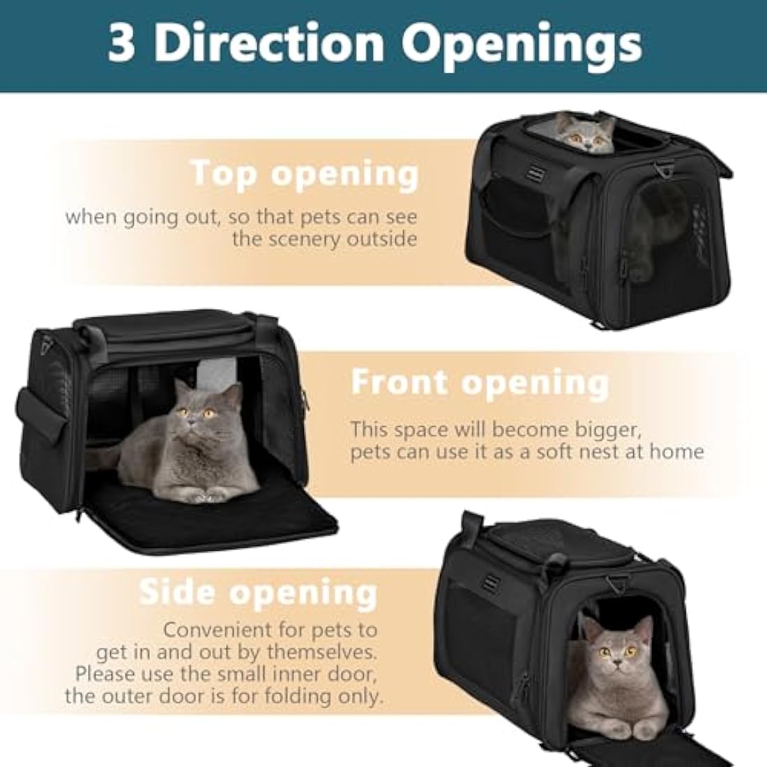 Petsfit Pet Carrier for Cat and Small Dogs, Dog Carriers Quadrangle Oxford Fabric and Ventilation Mesh, Cat Carriers Large Space with Expandable Mat, Black