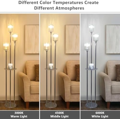 Rayofly Modern Floor Lamps for Living Room, 3-Lights Crystal Floor Lamp with Shelves, Chrome Standing Lamp with Crystal Shades and Foot Switch, Standing Lamps for Bedroom, Corner Tall Lamp for Office