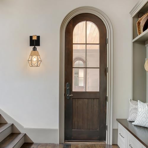 FORCOSO Wall Lights Indoor 2-Pack, Vintage Wood Wall Lamp Black, E27 Sconce Lights, Industrial Lights Fittings, Rustic Rope Lighting Fixtures Living Room Bedrooms Hallway
