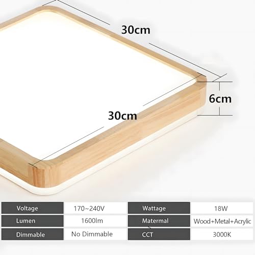 YYUTLUO LED Ceiling Light Wood, Top 360 Glow Square Natural Wooden Lamp | 3000K Warm White, 18W 1600lm | Living Room, Kitchen, Dining Room, Hallway,
