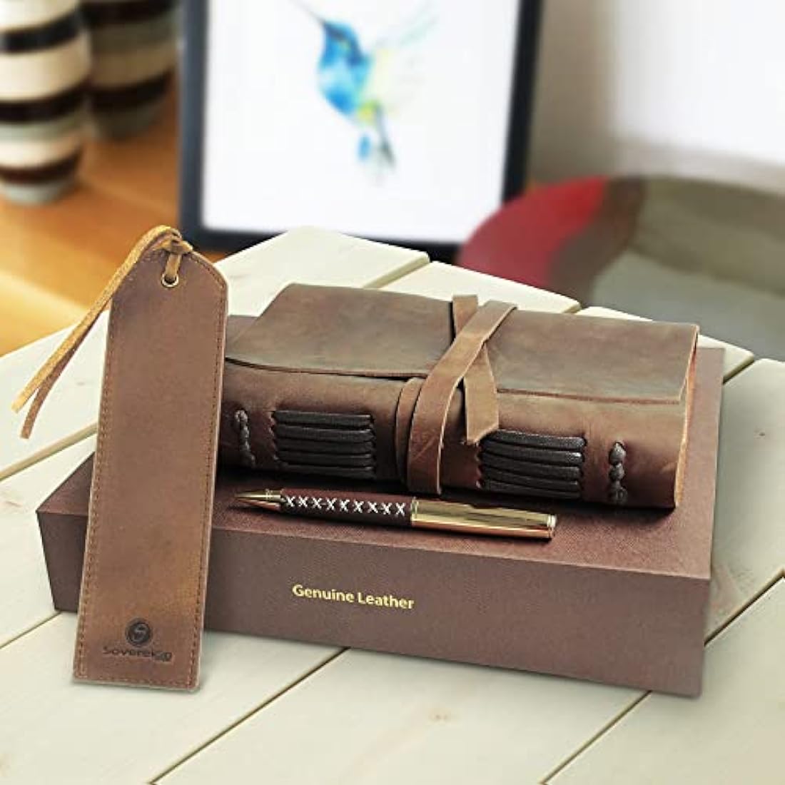 Leather Journal Gift Set Handmade Antique Leather Bookmark + Pen, Rustic Writing Notebook Present With Box Unlined Bound Daily Notepad For Men & Women, Travel Diary Ideal To Write In 18x13cm