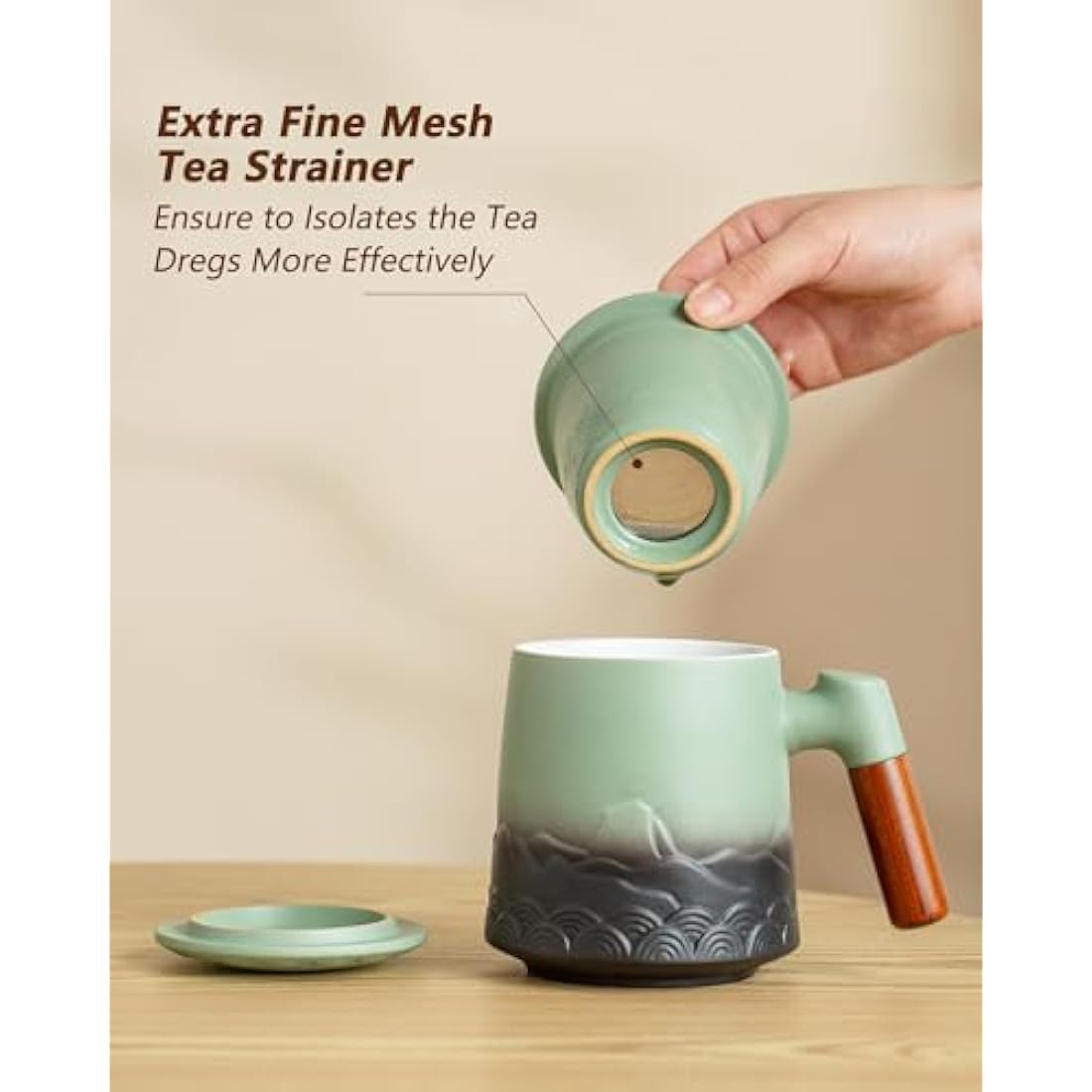 ZENS Embossed Ceramic Tea Mug With Infuser and Lid - 500 ML Loose Leaf Cup With Strainer, Wood Handle - Gifts for Tea Lovers, Steeper Accessories