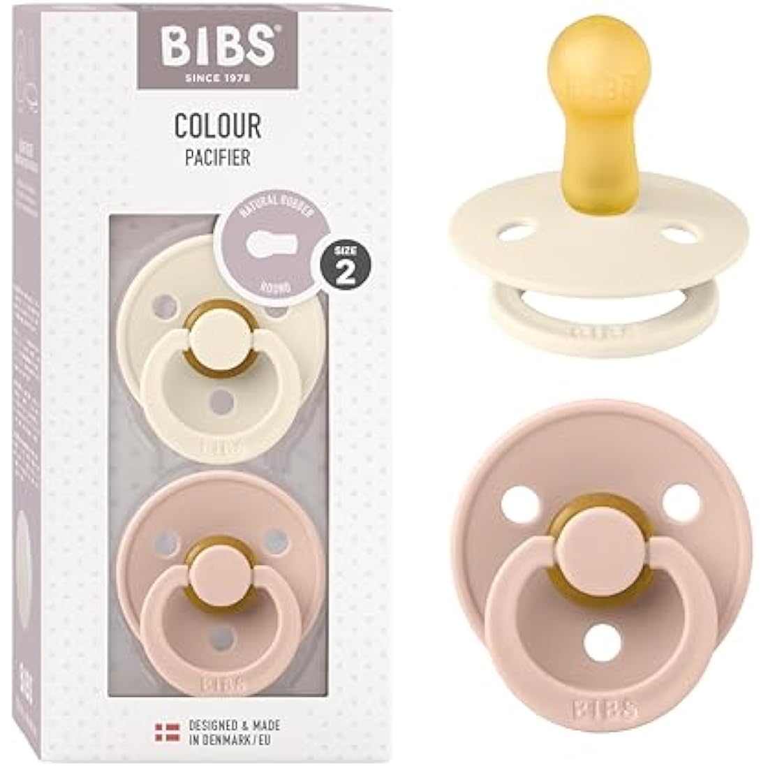 BIBS Colour Soother 2-Pack, BPA Free Dummy Pacifier, Round Nipple. Natural Rubber Latex, Size 2 (6-18 Months), Ivory/Blush