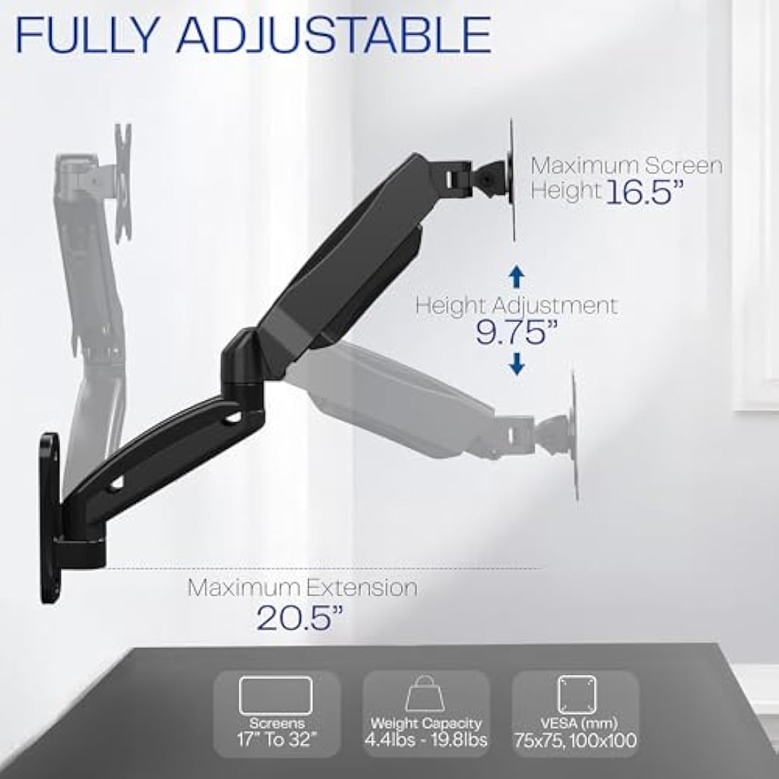 VIVO Height Adjustable Pneumatic Extended Arm Single Monitor Wall Mount, Full Motion Articulating, Fits 17 to 27 inch Screen, Black, MOUNT-V001G
