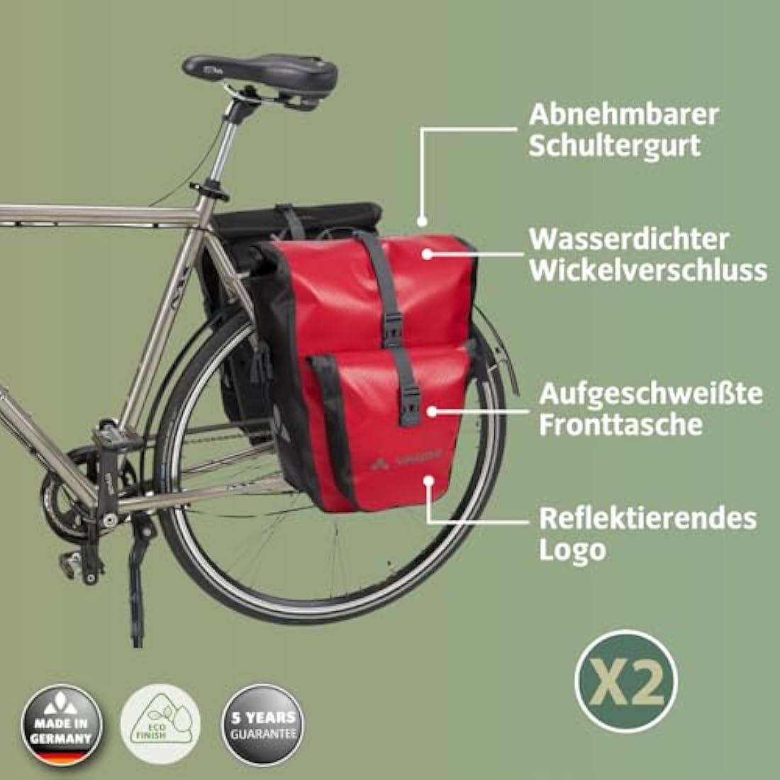 VAUDE Aqua Back Plus Bike Pannier, 2 x Rear Bike Rack Bag Waterproof, 51L Total Volume, Cycling Bag, Easy Mounting - Made in Germany