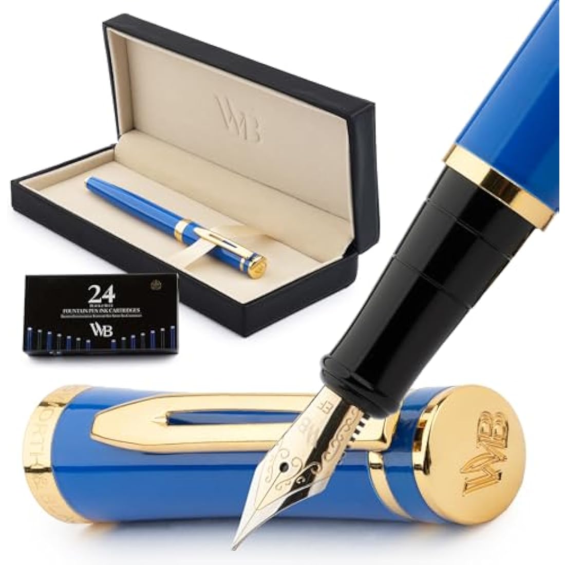 Wordsworth & Black Fountain Pen Set, 18K Gilded Extra Fine Nib, Includes 24 Pack Ink Cartridges, Ink Refill Converter & Gift Box, Gold Finish, Calligraphy, [Imperial Blue], Perfect for Men & Women