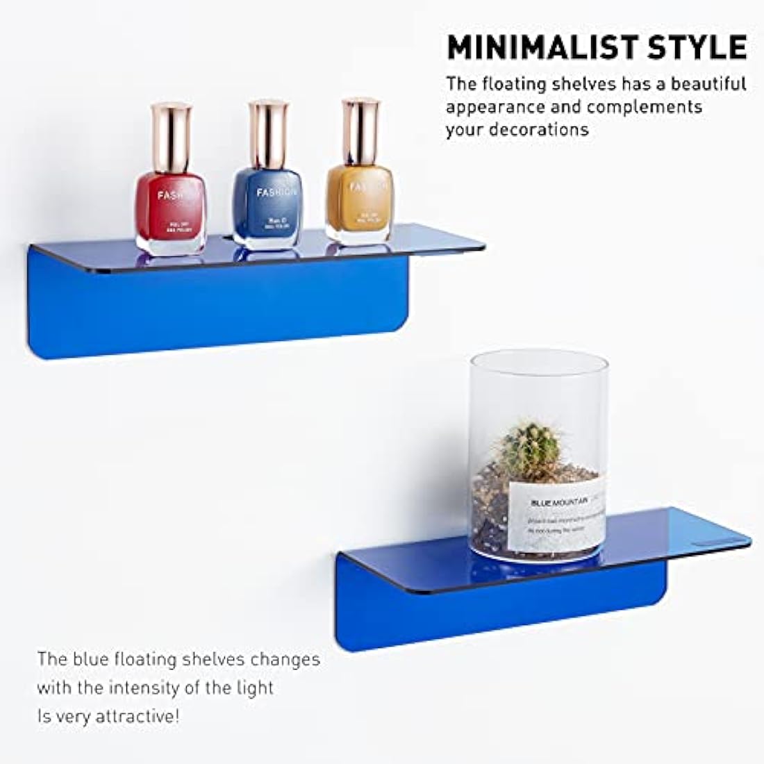 OAPRIRE Acrylic Floating Wall Shelves Set of 2, Damage-Free Expand Wall Space, Small Wall Shelf for Smart Speaker, Action Figures, Monitor with Cable Clips, Stick on, No Drill (Blue)