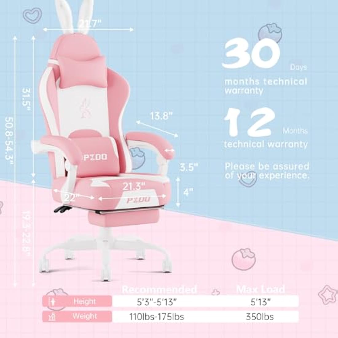 PZDO Pink Gaming Chair,High Back Computer Chair with Footrest, Kawaii Gaming Chairs for Girls Adults Women Kids, Reclining Chairs with Bunny Ear & Lumbar Support, Gift(Pink-White)
