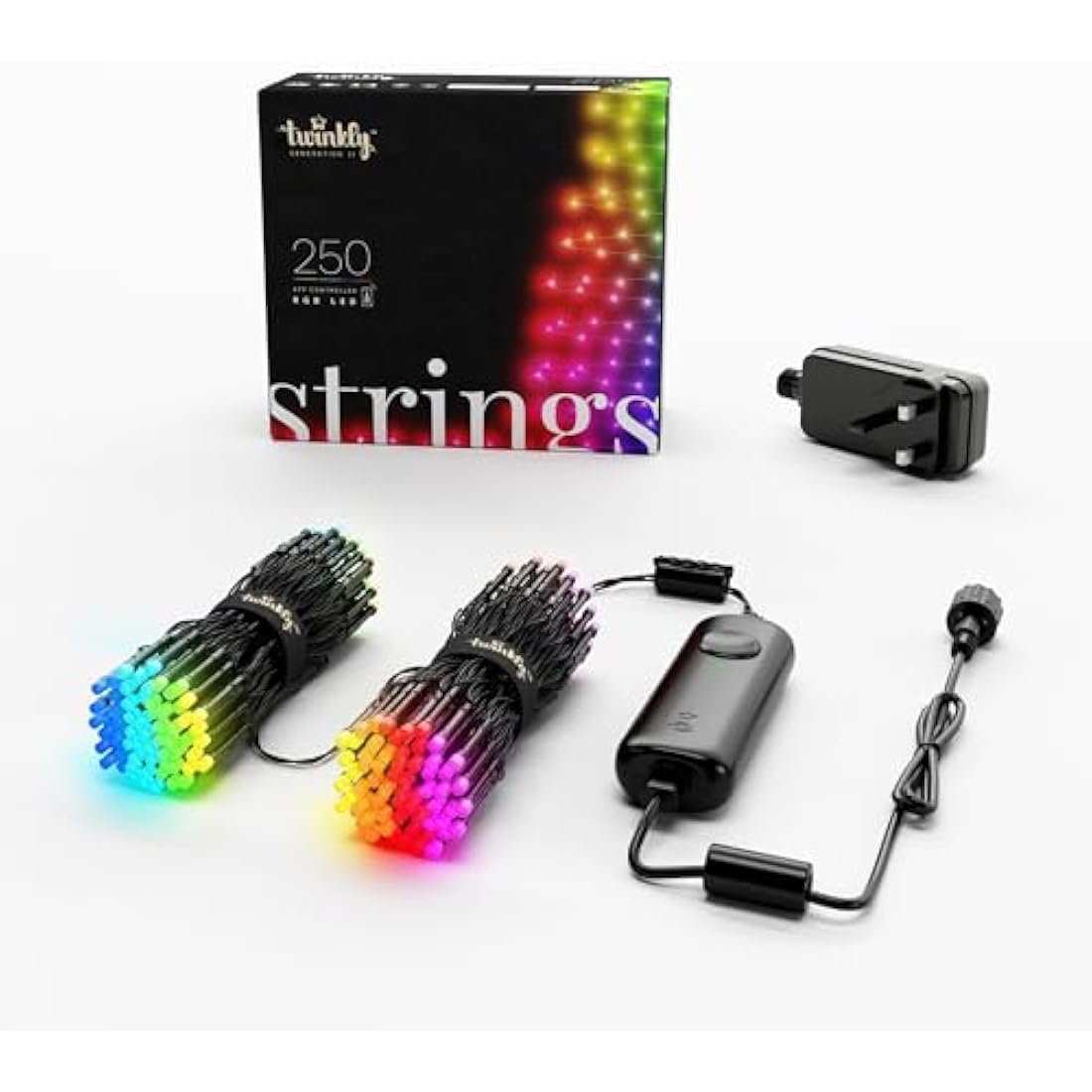 Twinkly Strings 250 LED RGB, LED Light String for in- and Outdoor, Smart LED Lights, Mappable LEDs, Compatible with Alexa and Google Home, IP44, Controlled by App, Black Wire, 20m