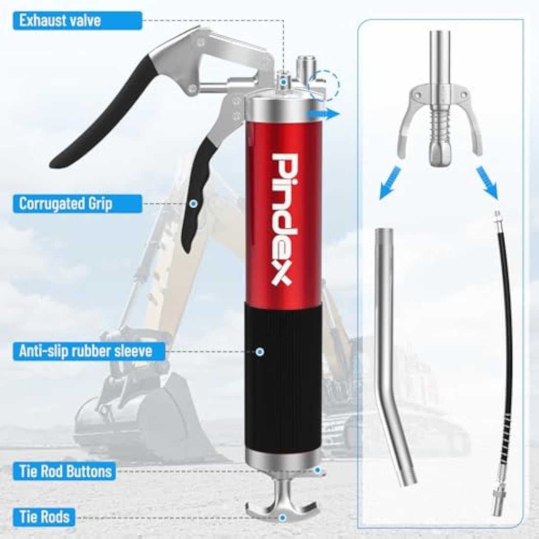 Pindex Heavy Duty Grease Gun Set with G Coupler Quick Release Lock, Manual Pistol Grip Grease Gun Tool with Fittings Ends Nozzle Hose for 400g Cartridge