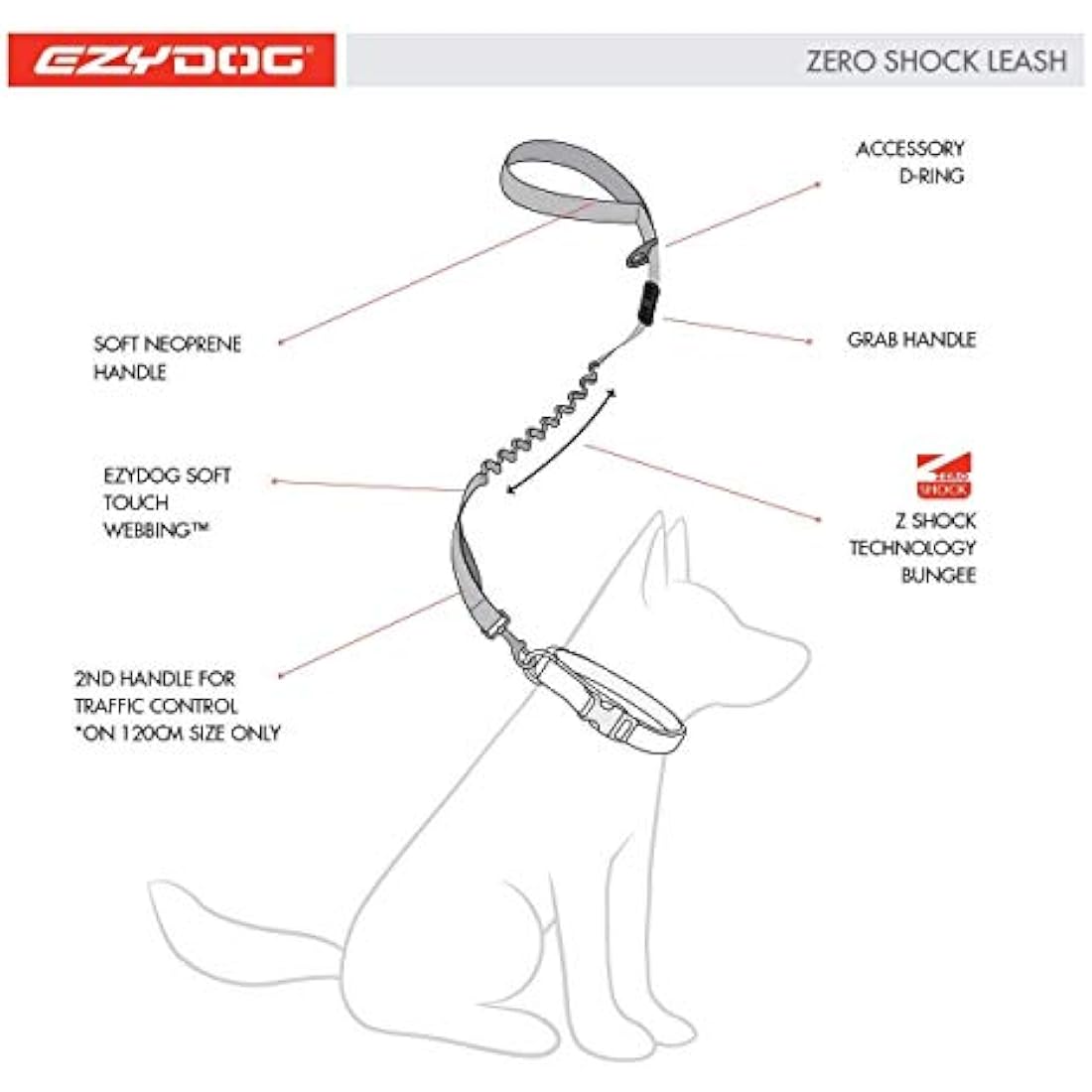 EzyDog Zero Shock LITE Dog Lead - Bungee Dog Lead for Small Dogs Under 12kg - Shock Absorber Lead with Soft Double Handle, Accessory D-Ring & Reflective Trim Dog Leash, 1.2m - Denim