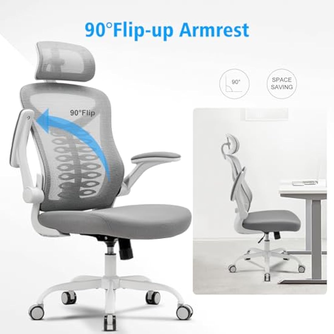 Magic Life Office Chair, Adjustable Desk Chair with Flip-up Armrest, Rebound Seat Cushion, Breathable Mesh High Back, Comfortable Lumbar Support, Movable Headrest 360° Rotation, White