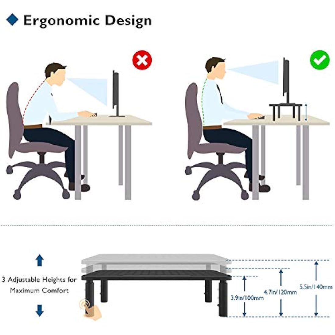 BONTEC Metal Monitor Stand, Ergonomic Height Adjustable Computer Monitor Riser for Desks with Cable Management for Computer, iMac, PC up to 20KG(2 Pack)