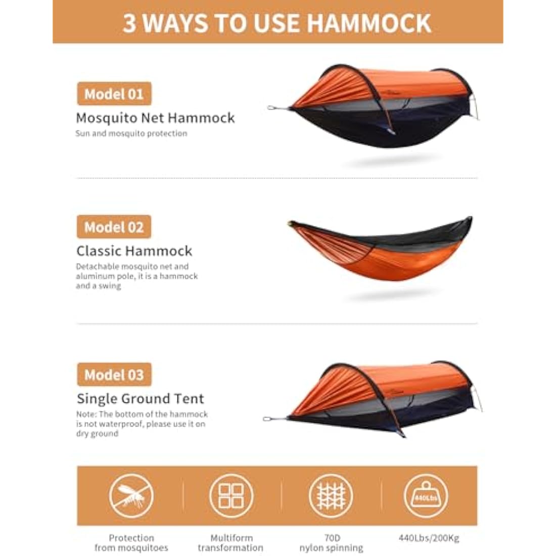 Travel Bird Camping Hammock Tent with Mosquito Net and Sunshade, 290 * 140CM Extra Large Space, Multi-mode Lightweight Hanging Hammocks Tree Straps Swing, Ground Tent for Outside, Hiking