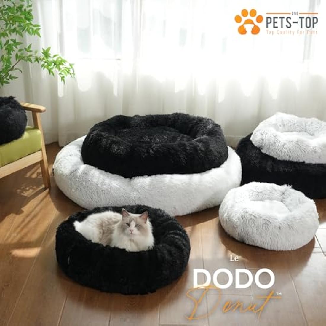 One PETS-TOP Dog Bed Medium - Washable Fluffy Calming Bed - Soft Long Plush with Removable Cover, Dodo Donuts XXL Extra Large Mattress (Pearl Grey, 80cm)