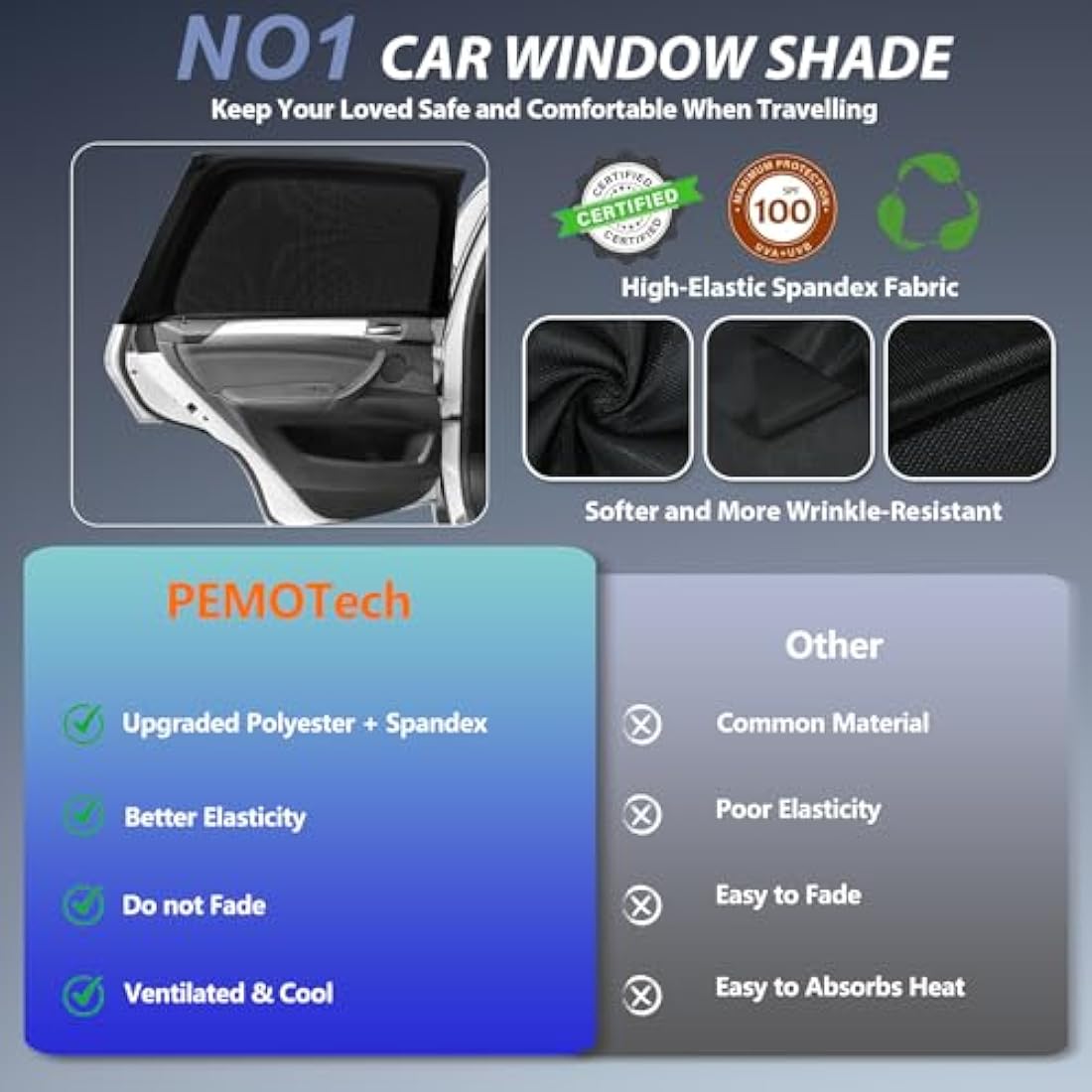 PEMOTech Car Window Shades for Baby 2 Pack - Stretchable & Breathable Spandex Car Sun Shade for Baby - UV Sun & Mosquito Protection for Babies/Kids/Adults/Pets - 39.8" x27.2" Fits 99% Cars