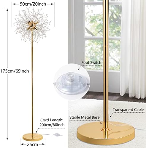 Rayofly Modern Floor Lamp, Golden Fireworks Crystal Floor Lamps for Living Room, 8-Lights Crystals Standing Lamps with Foot Switch, Glass Metal, Elegant Design Tall Lamp for Bedroom, Beside, G9, 175cm