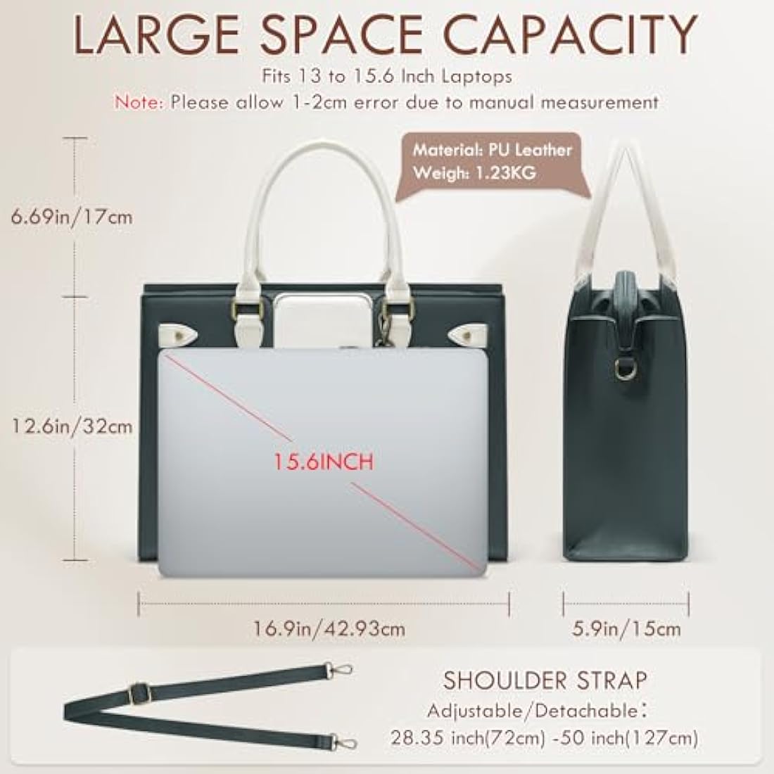 RAINSMORE Laptop Bags for Women PU Leather Work Bags for Women Tote Bag Large Handbag Shoulder Bag for Office Bussiness 15.6 Inch Dark Green and Beige