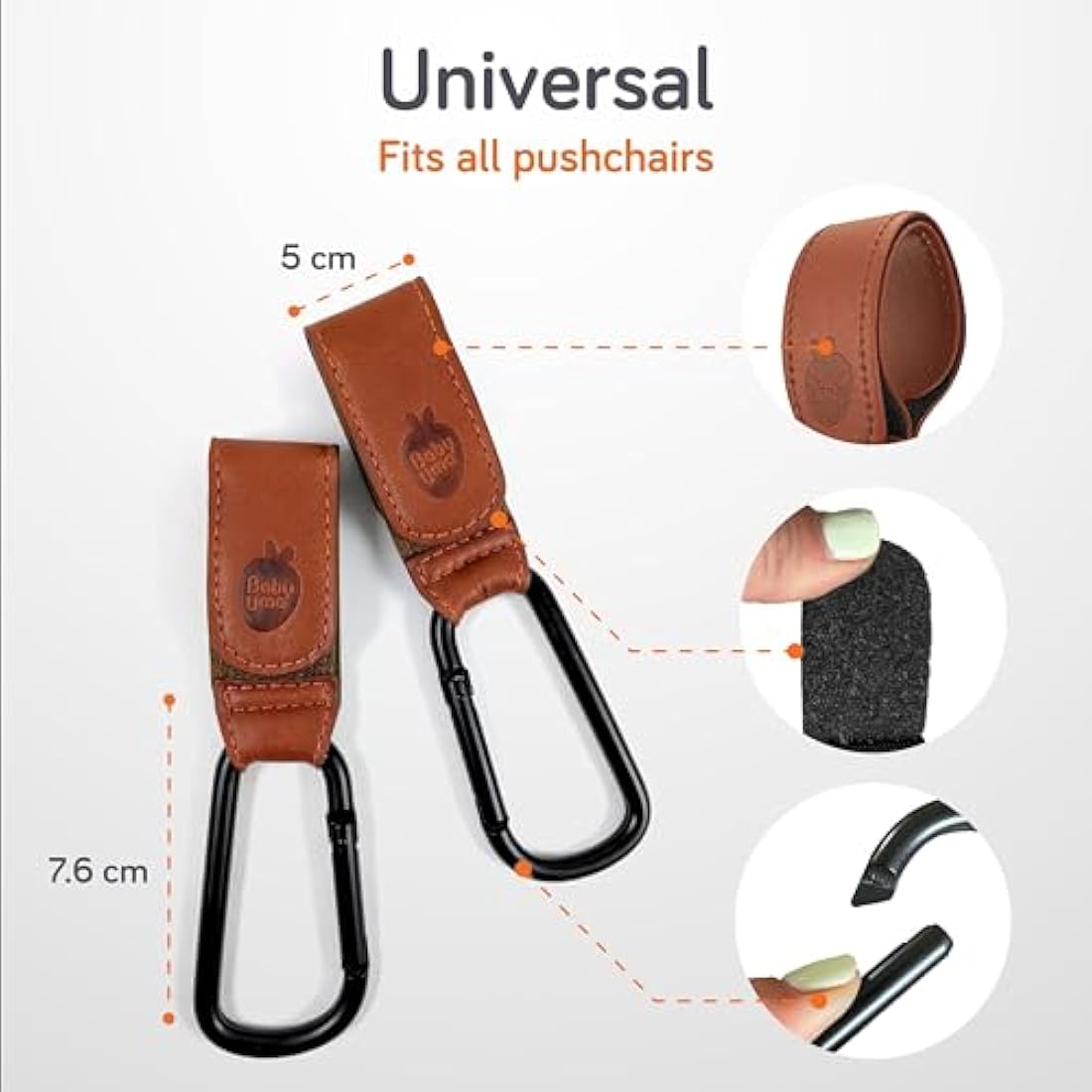 Baby Uma Leather-Style Buggy Clips (2 Pack) - Universal Pram Clips, Non-Slip Buggy Accessories, Carry 5 kg per Carabiner, Baby Travel Essentials (Camel)