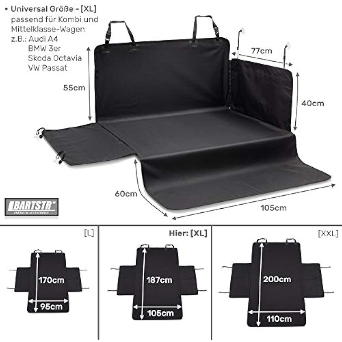 BARTSTR Car Boot Protector Dog 187 x 105 cm, Universal for Estate Boot Protective Mat, Water-Repellent and Bumper Protection, Plus Shoulder Bag