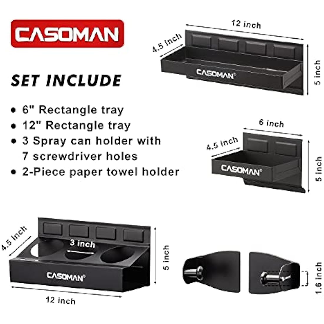 CASOMAN Magnetic Toolbox Shelf, Tray, Paper Towel Holder, 4-Piece Set, Black, Variety of Use, Durable, Magnets any metal surface