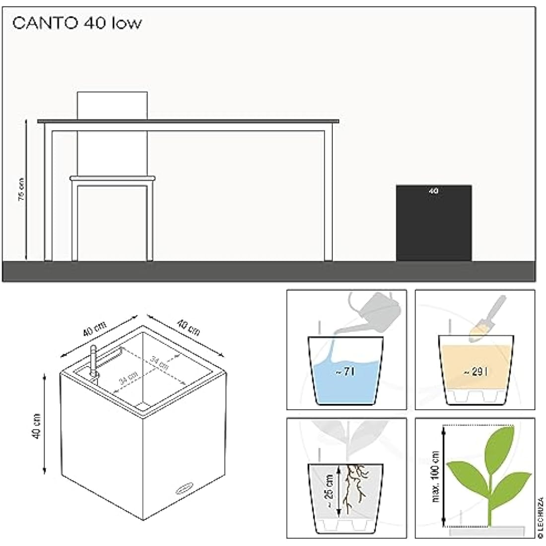 Lechuza Self Watering Plant Pot CANTO Stone 40 Low Plastic Indoor and Outdoor Plant Pot with Drainage Hole H40 L40 W40 cm Stone Gray