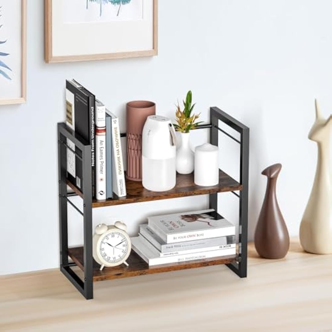 THYGIFTREE Office Desk Shelf Organizer, Wood Desktop Bookshelf Supplies Storage Rack, Shelf for Top of Desk and Dresser (BROWN)