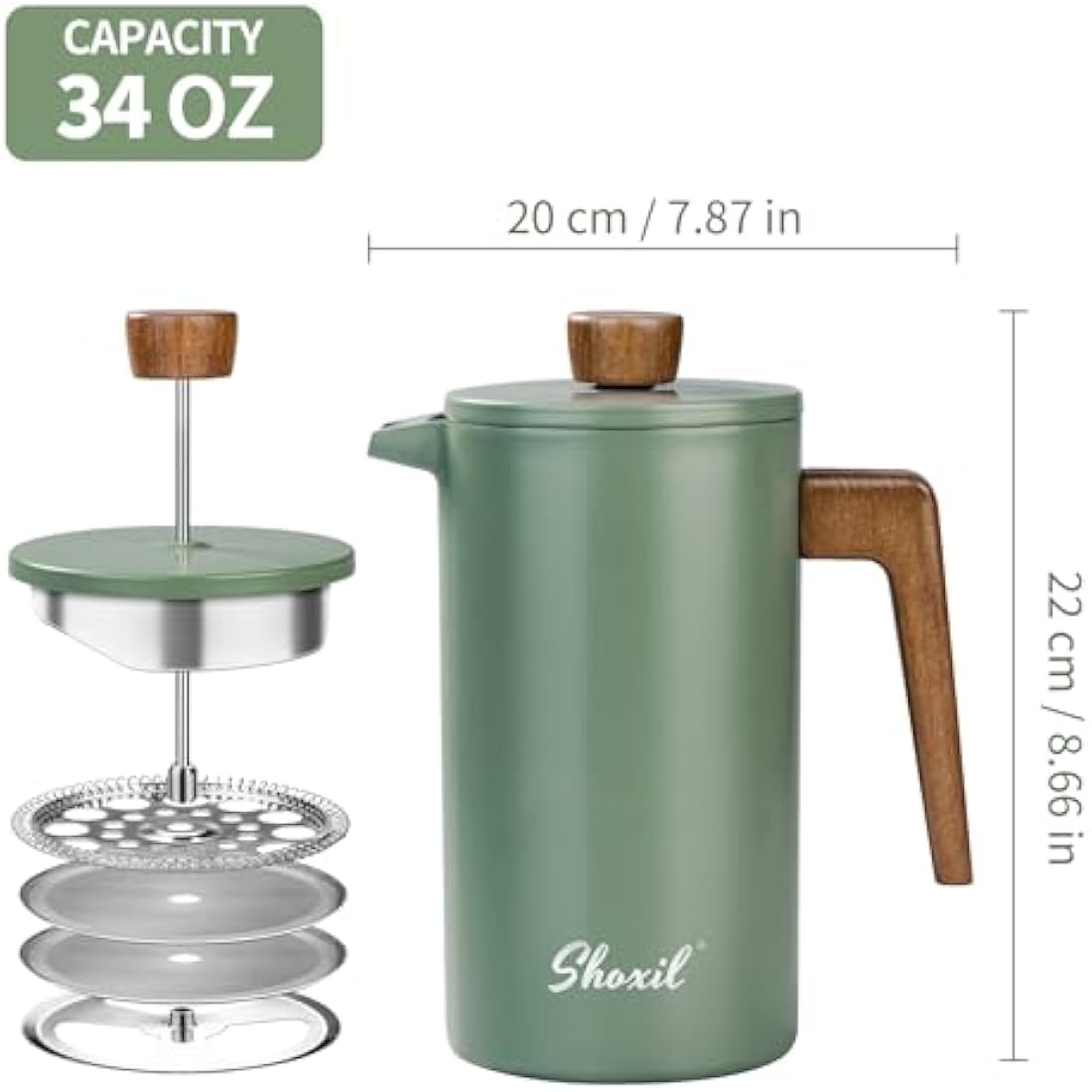 shoxil French Press Coffee Maker, 34oz Stainless Steel Green Coffee Press Real Wood Handle, Double Wall Insulated French Coffee Press with Dual-Filter Screen, Perfect for Camping & Kitchen Use