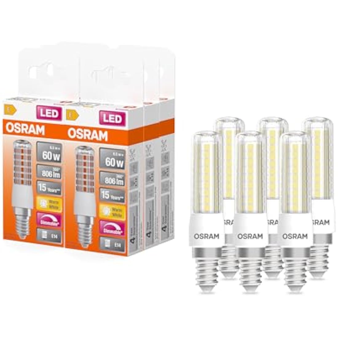 OSRAM LED Superstar Special T SLIM, Dimmable slim LED special lamp, E14 base, Warm white (2700K), replacement for conventional 60W lamp, 6-pack