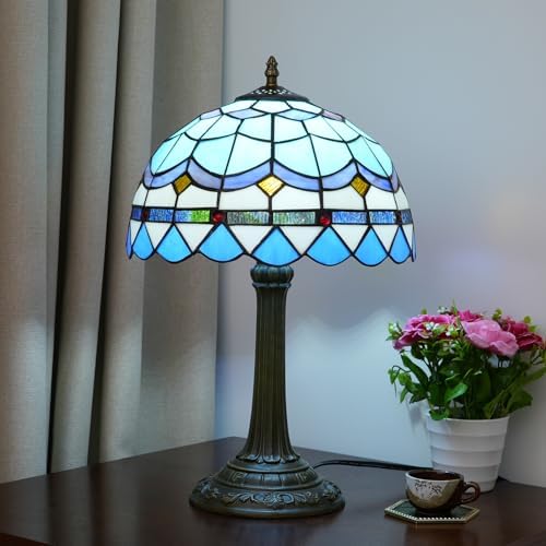Tiffany Table Lamp Stained Glass Lamp Mediterranean Blue Bedroom Table lamp Reading Desk Light for Bedside Living Room Office Dormitory Dining Room Decorate Housewarming Gift 12X12X18 inches