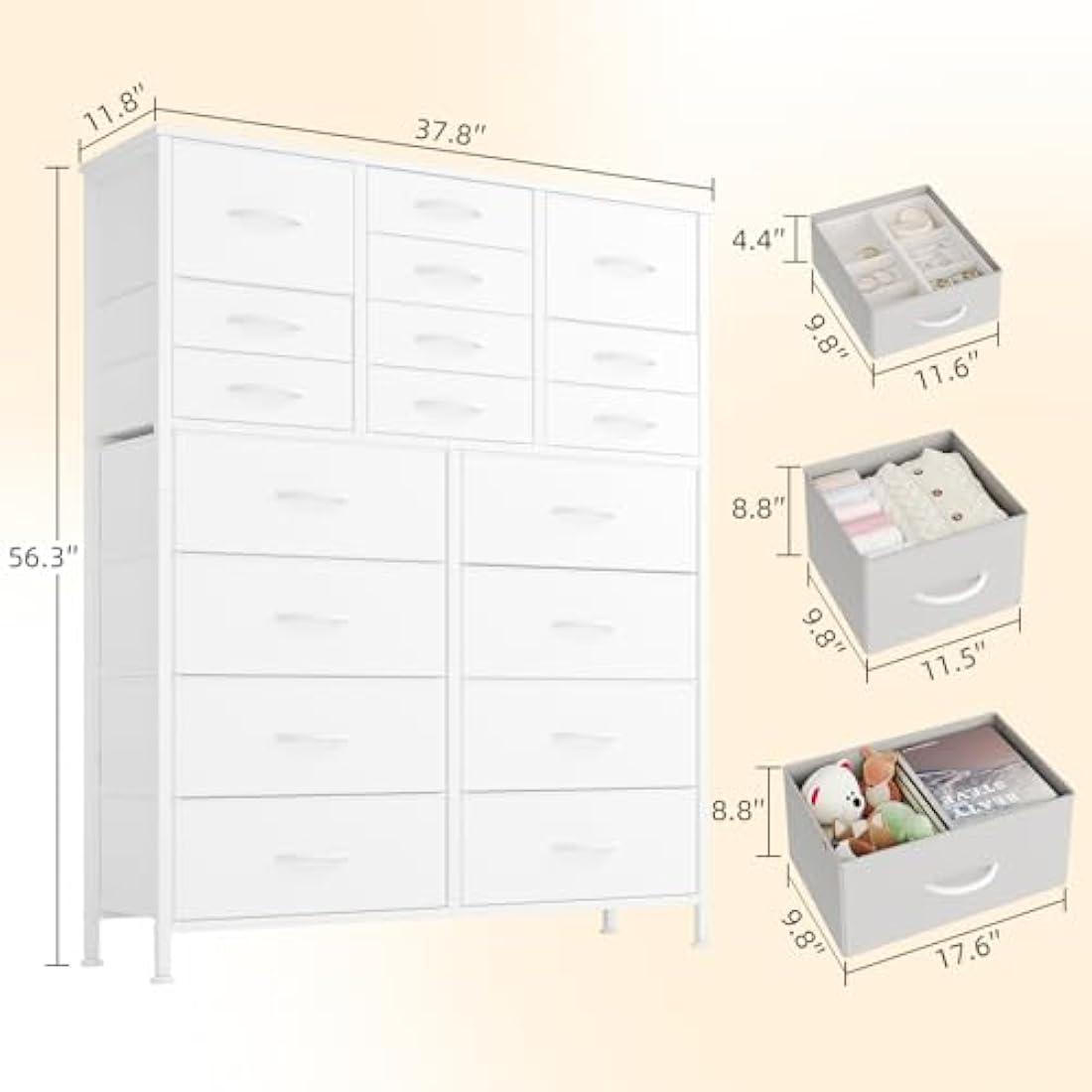 CAIYUN Chest of Drawers with 18 Drawers， Dressers & Chests of Drawers for Bedroom， Storage Drawers for Kids， Bedroom Furniture Toy Storage Clothes Storage Cabinet, White