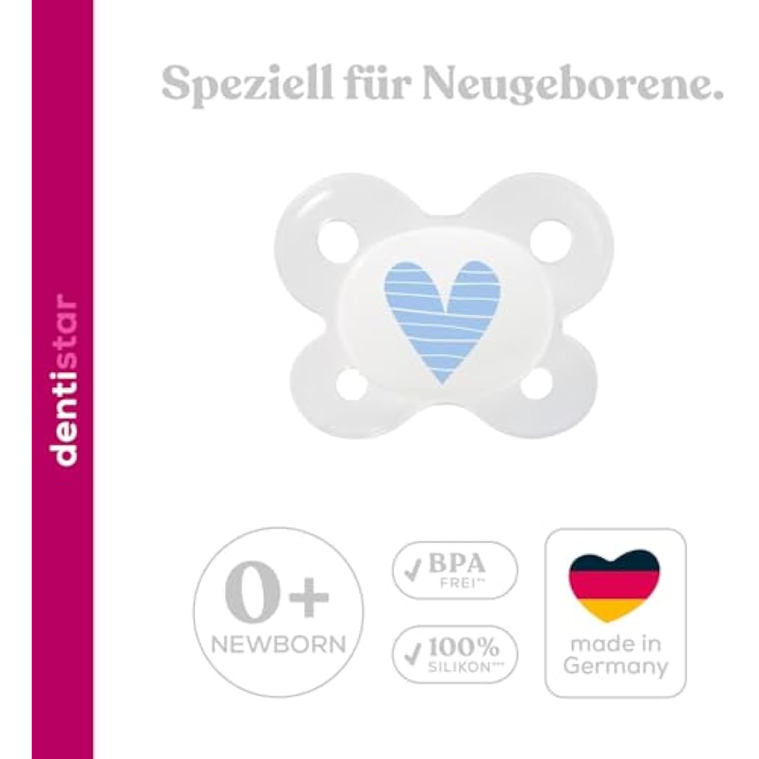 Dentistar® Silicone Soother Set of 2 - Size 0 for 0-2 Months - Tooth and Jaw Friendly Silicone Soother with Dental Step - Blue with Heart Motif - BPA Free Baby Accessories - Made in Germany