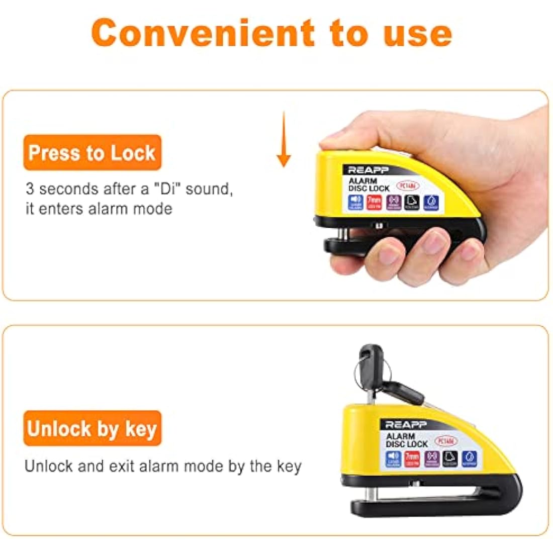 REAPP Alarm Disc Lock Motorbike Lock, Disc Brake Lock 110db with Reminder Cable and Carry Pouch, High Security Disc Lock for Motorcycle Bike Moped Motocross