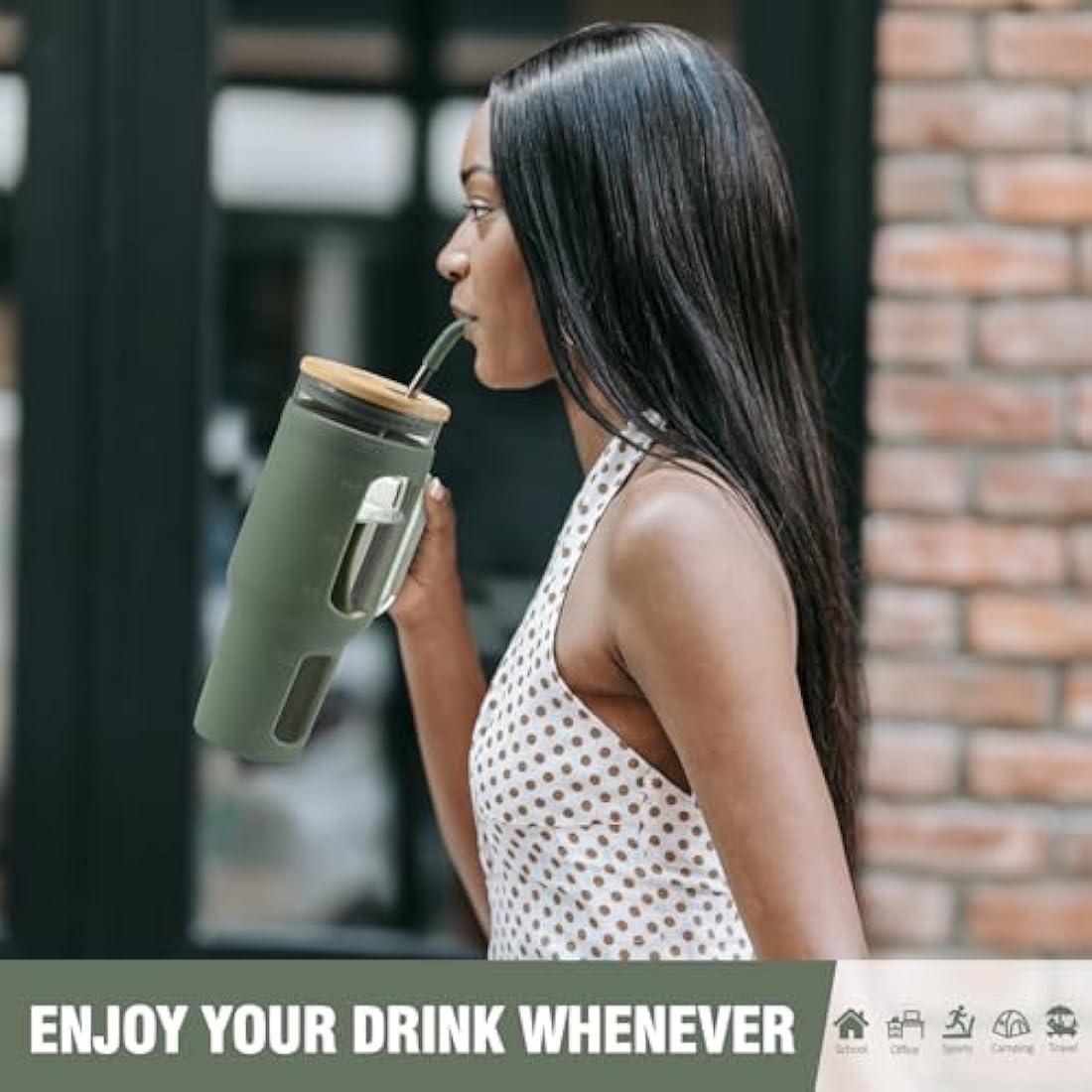 BLUEGO Glass Tumbler with Lid and Straw, 1400ml Iced Coffee Cup with Handle, Glass Water Bottles with Silicone Sleeve, 1.4L Glass Cup with 2 Straws, BPA Free, Olive