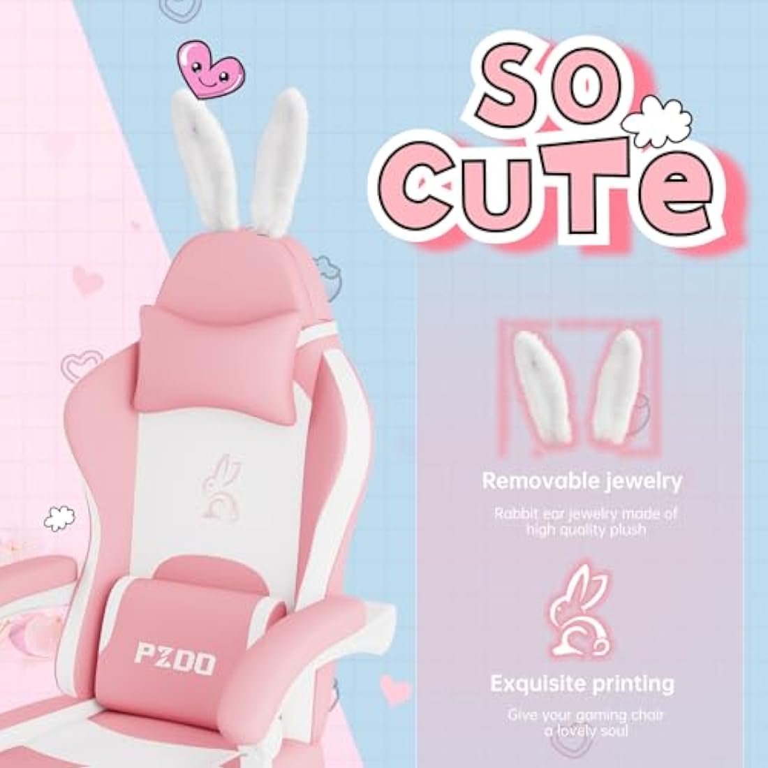 PZDO Pink Gaming Chair,High Back Computer Chair with Footrest, Kawaii Gaming Chairs for Girls Adults Women Kids, Reclining Chairs with Bunny Ear & Lumbar Support, Gift(Pink-White)