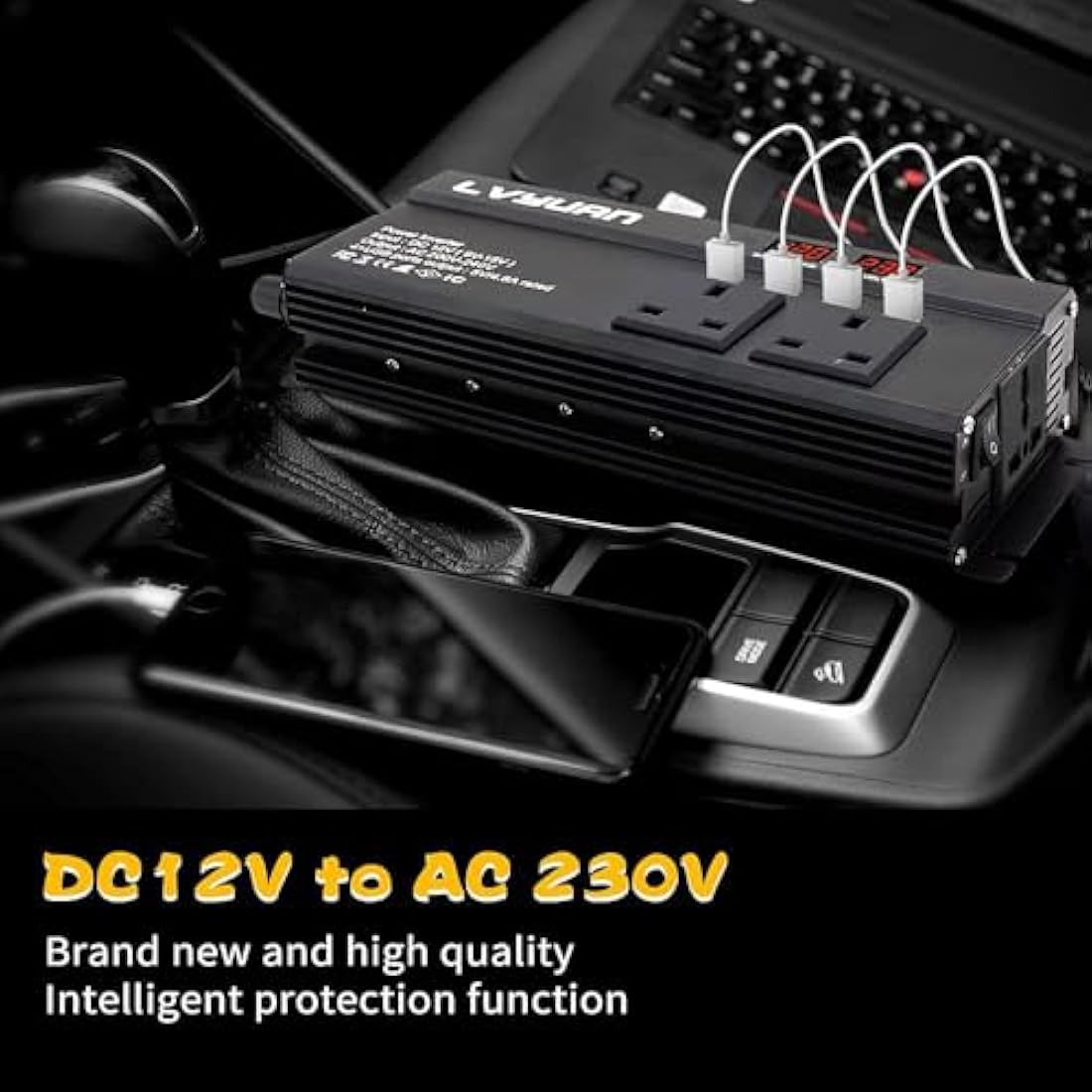 LVYUAN Power Inverter 1200/2500 W DC 12V to 240V AC Car Converter with 4 USB, 3 UK Sockets, Dual LED Display and Fan, Car Adapter, Black