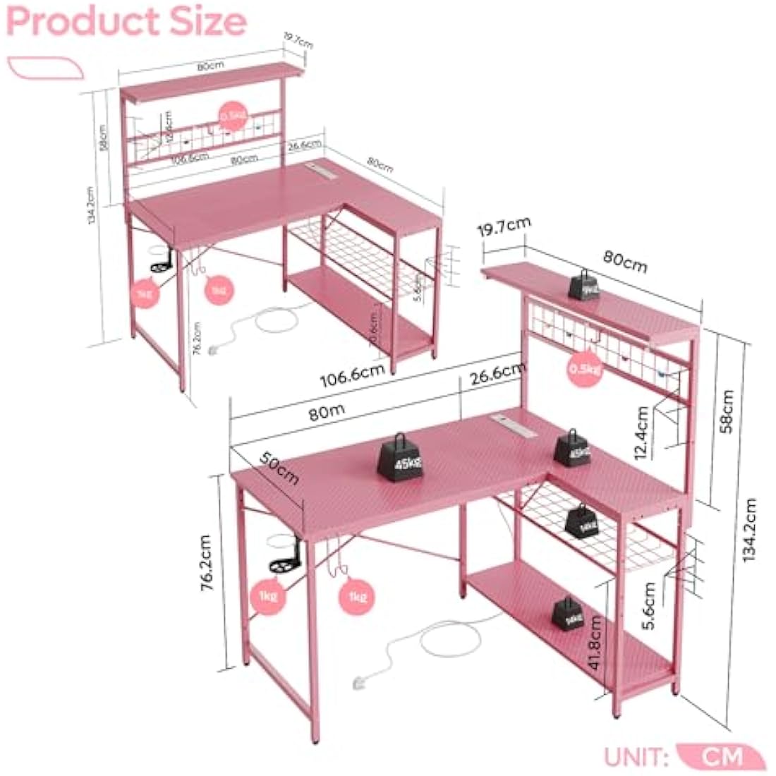 Bestier L-Shaped Gaming Desk with Power Outlets, LED Workstation with 4 Tiers Shelves for Home Office, Gamer Reversible Table with Hooks and Cup (PDCF, 106cm)