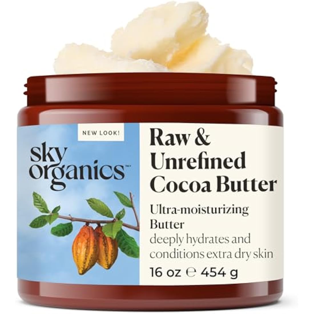 Sky Organics Cocoa Butter for Body, 100% Raw & Unrefined Ultra-Moisturizing Butter to Deeply Hydrate & Condition Skin, Promotes Smooth Skin Tone & Texture, Suitable for Tight or Extra Dry Skin, 454g