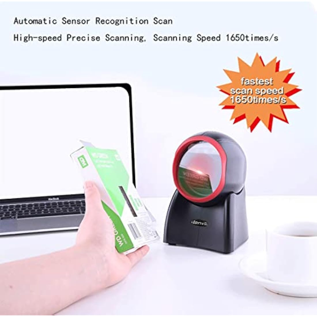 LENVII Desktop Barcode Scanner 2D Handsfree Barcode Reader QR Code Scanner Automatic Bar Code Scanners use for Warehouse, Supermarket, Retail Store, Bookstore POS System