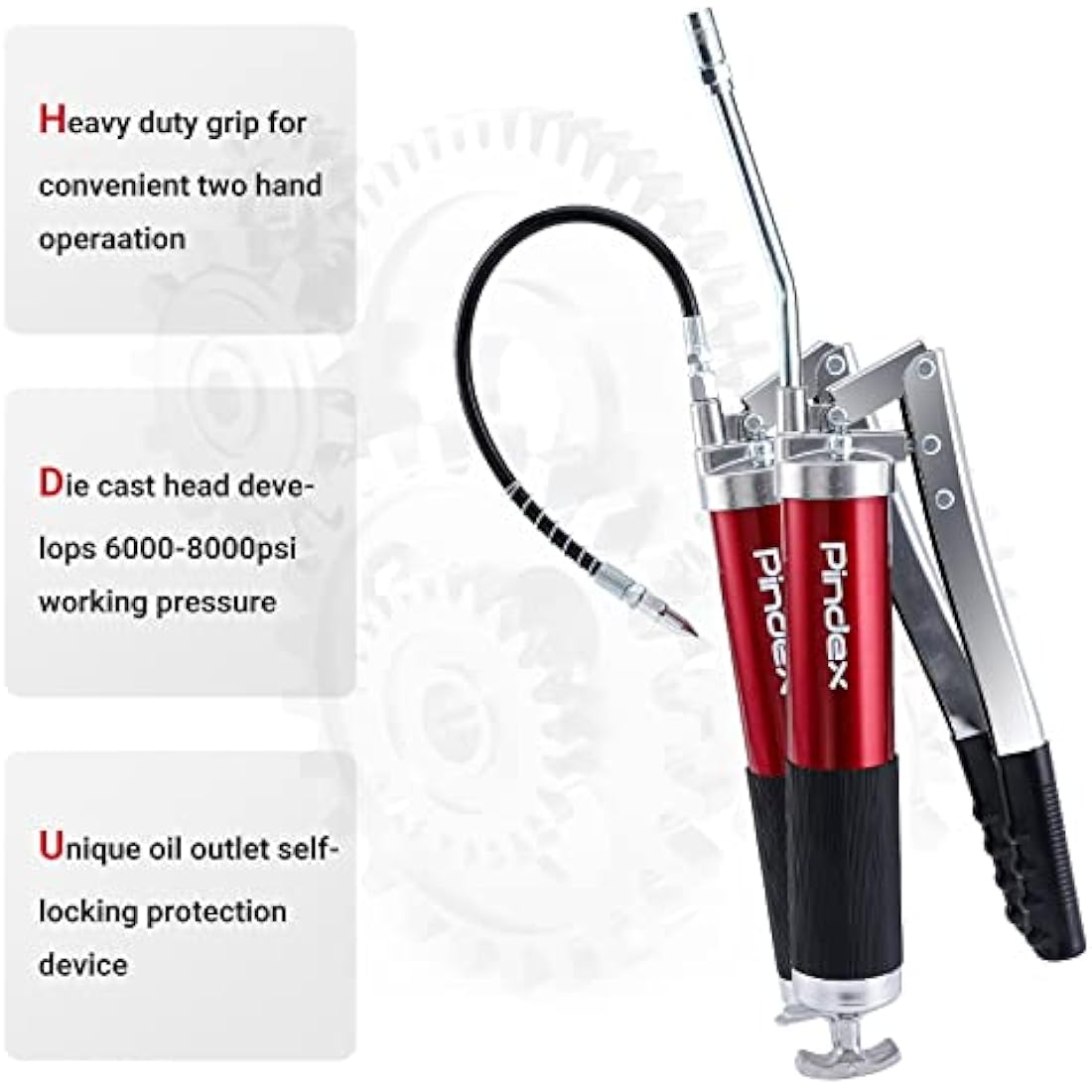 Pindex Grease Gun 8000 PSI Professional Pistol Grip with Flexible Hose Hand Lever Heavy Duty Manual Grease Gun Tool Fit 14oz Cartridge and Bulk for Heavy Equipment, Vehicles, & Machinery